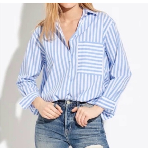 Ayr Tops - AYR Deep End Blue and White Striped Button-Down Shirt-XL